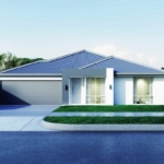 Example single-storey home rendering with a double garage and light-coloured facade